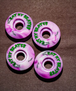 EatMySkates Rolly Wheels — top-down four-pack of 52mm 100A purple swirl quad skate wheels.