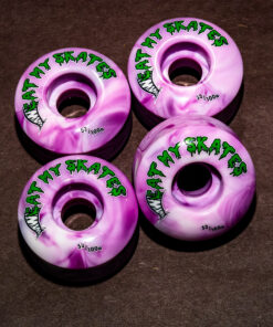 EatMySkates Rolly Wheels 52mm 100A — four purple swirl quad skate wheels arranged together.
